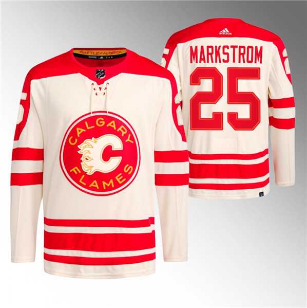 Mens Calgary Flames #25 Jacob Markstrom 2023 Cream Classic Primegreen Stitched Jersey Dzhi